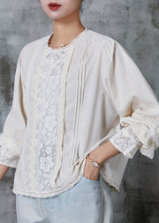 White Patchwork Lace Cotton Shirt Tops Wrinkled Spring