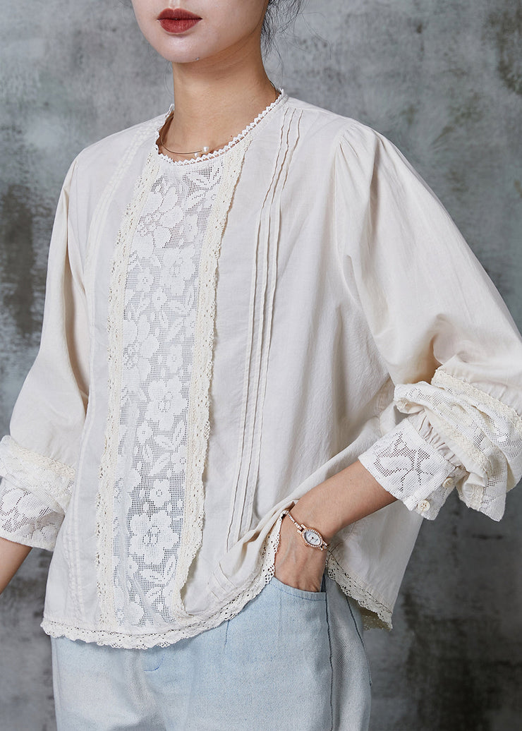 White Patchwork Lace Cotton Shirt Tops Wrinkled Spring