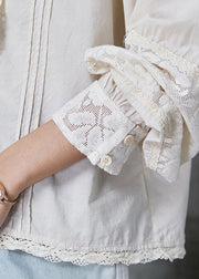White Patchwork Lace Cotton Shirt Tops Wrinkled Spring
