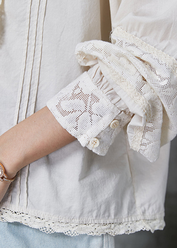 White Patchwork Lace Cotton Shirt Tops Wrinkled Spring