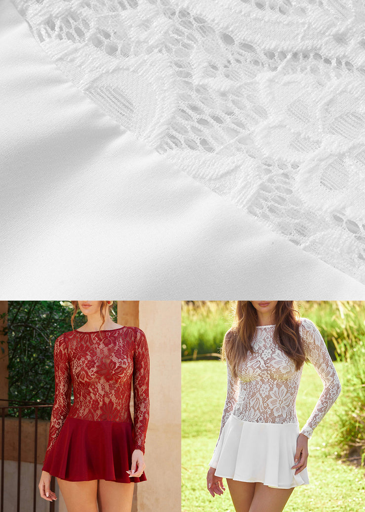 White Patchwork Lace Spring Mid Dresses O Neck