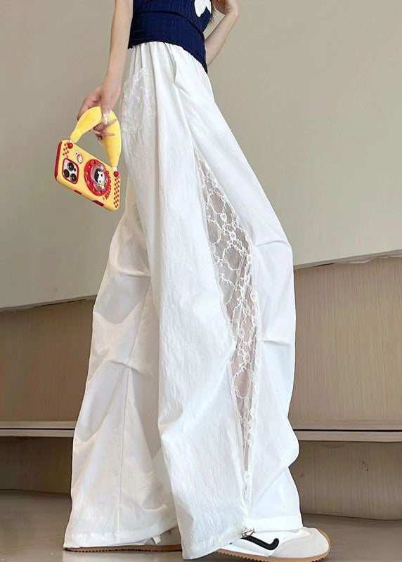 White Patchwork Lace Wide Leg Pants Oversized Fall