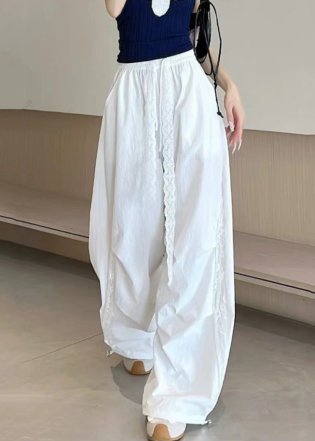 White Patchwork Lace Wide Leg Pants Oversized Fall