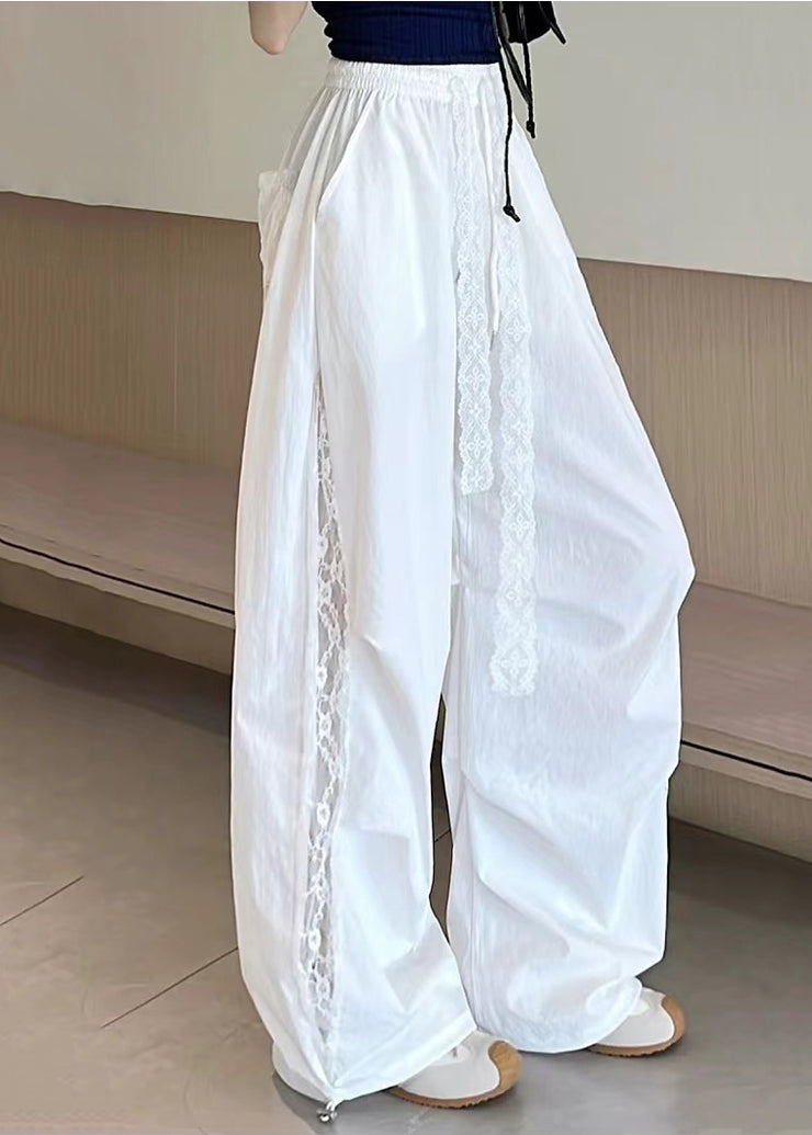 White Patchwork Lace Wide Leg Pants Oversized Fall