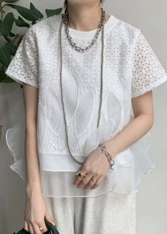 White Patchwork Organza Tops Embroideried Summer