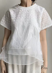 White Patchwork Organza Tops Embroideried Summer
