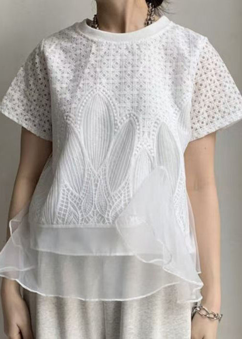 White Patchwork Organza Tops Embroideried Summer