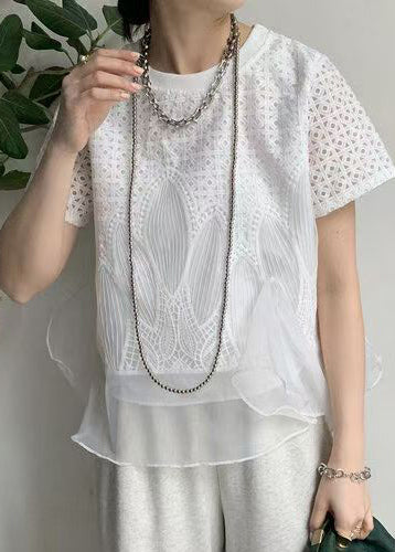 White Patchwork Organza Tops Embroideried Summer