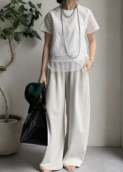 White Patchwork Organza Tops Embroideried Summer