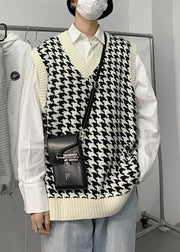 White Plaid Loose Knit Men Waistcoat V Neck Spring