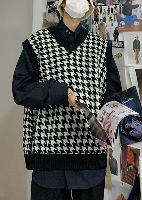 White Plaid Loose Knit Men Waistcoat V Neck Spring