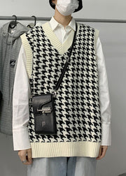 White Plaid Loose Knit Men Waistcoat V Neck Spring