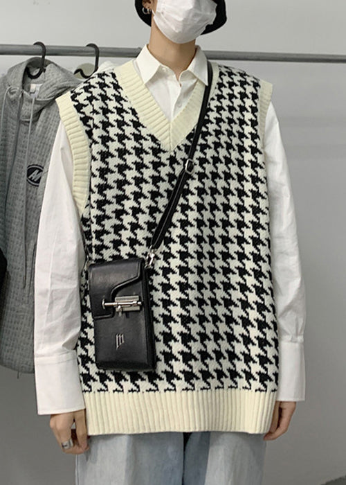 White Plaid Loose Knit Men Waistcoat V Neck Spring