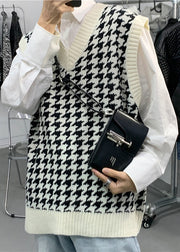 White Plaid Loose Knit Men Waistcoat V Neck Spring