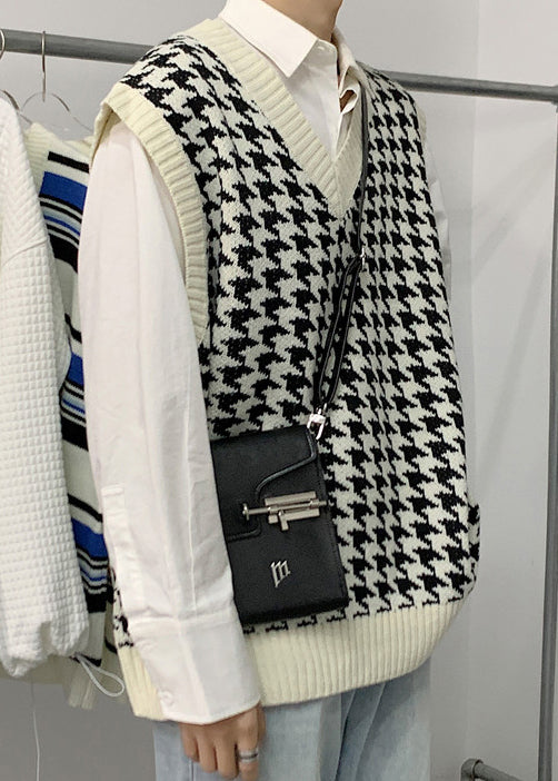 White Plaid Loose Knit Men Waistcoat V Neck Spring