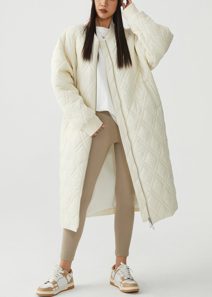 White Plaid Pockets Cotton Filled Winter Parka Stand Collar