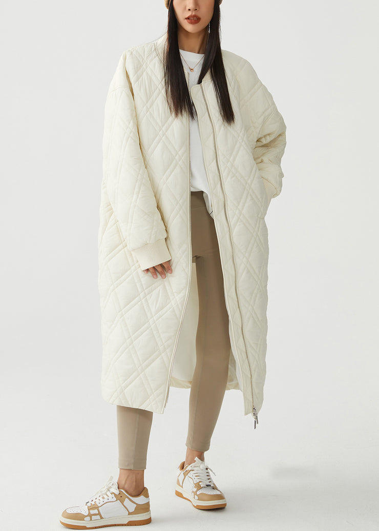 White Plaid Pockets Cotton Filled Winter Parka Stand Collar