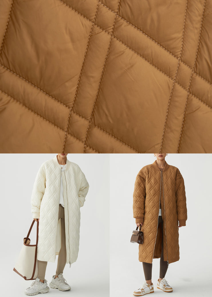 White Plaid Pockets Cotton Filled Winter Parka Stand Collar