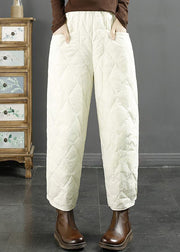 White Plaid Pockets Fine Cotton Filled Winter Beam Pants Elastic Waist