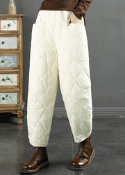 White Plaid Pockets Fine Cotton Filled Winter Beam Pants Elastic Waist