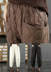 White Plaid Pockets Fine Cotton Filled Winter Beam Pants Elastic Waist