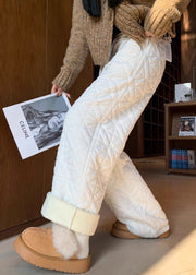 White Pockets Elastic Waist Warm Fleece Pants Plaid