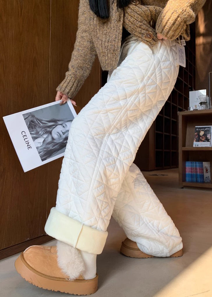 White Pockets Elastic Waist Warm Fleece Pants Plaid