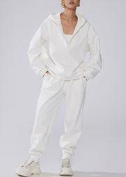 White Pockets Elastic Waist Warm Fleece Winter Two Pieces Set Hooded