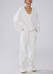 White Pockets Elastic Waist Warm Fleece Winter Two Pieces Set Hooded