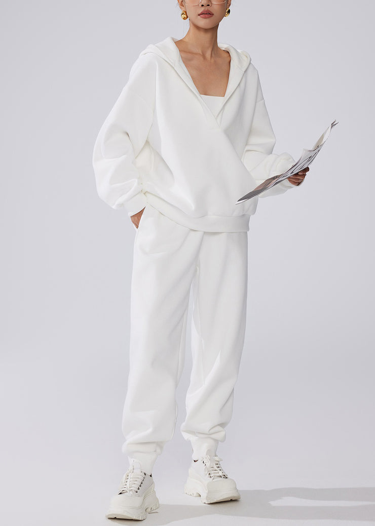 White Pockets Elastic Waist Warm Fleece Winter Two Pieces Set Hooded