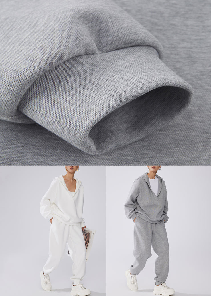 White Pockets Elastic Waist Warm Fleece Winter Two Pieces Set Hooded