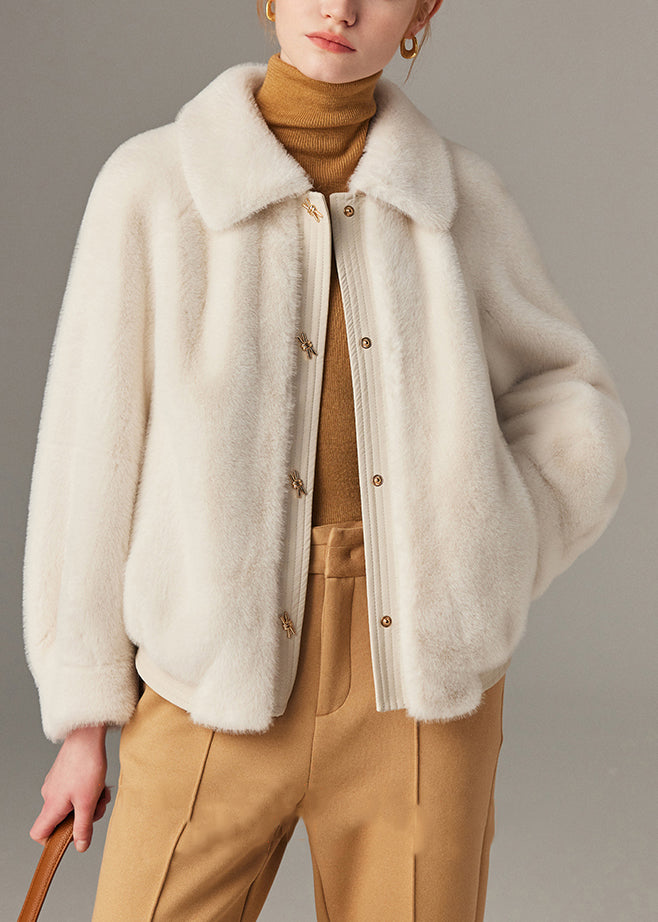 White Pockets Faux Leather Patchwork Mink Hair Coat Peter Pan Collar