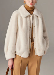 White Pockets Faux Leather Patchwork Mink Hair Coat Peter Pan Collar