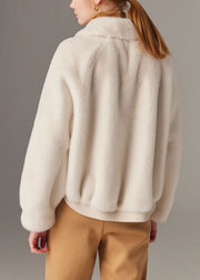 White Pockets Faux Leather Patchwork Mink Hair Coat Peter Pan Collar