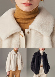 White Pockets Faux Leather Patchwork Mink Hair Coat Peter Pan Collar