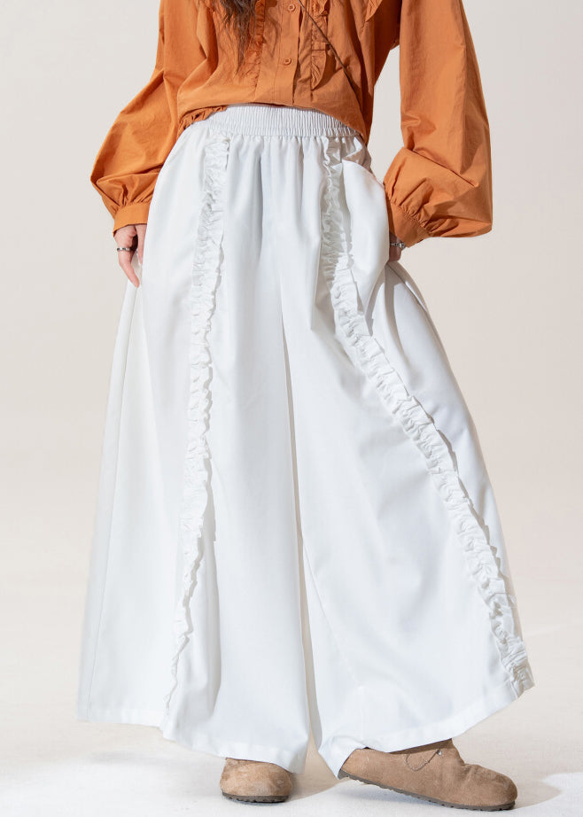 White Pockets High Waist Cotton Wide Leg Pants Ruffled