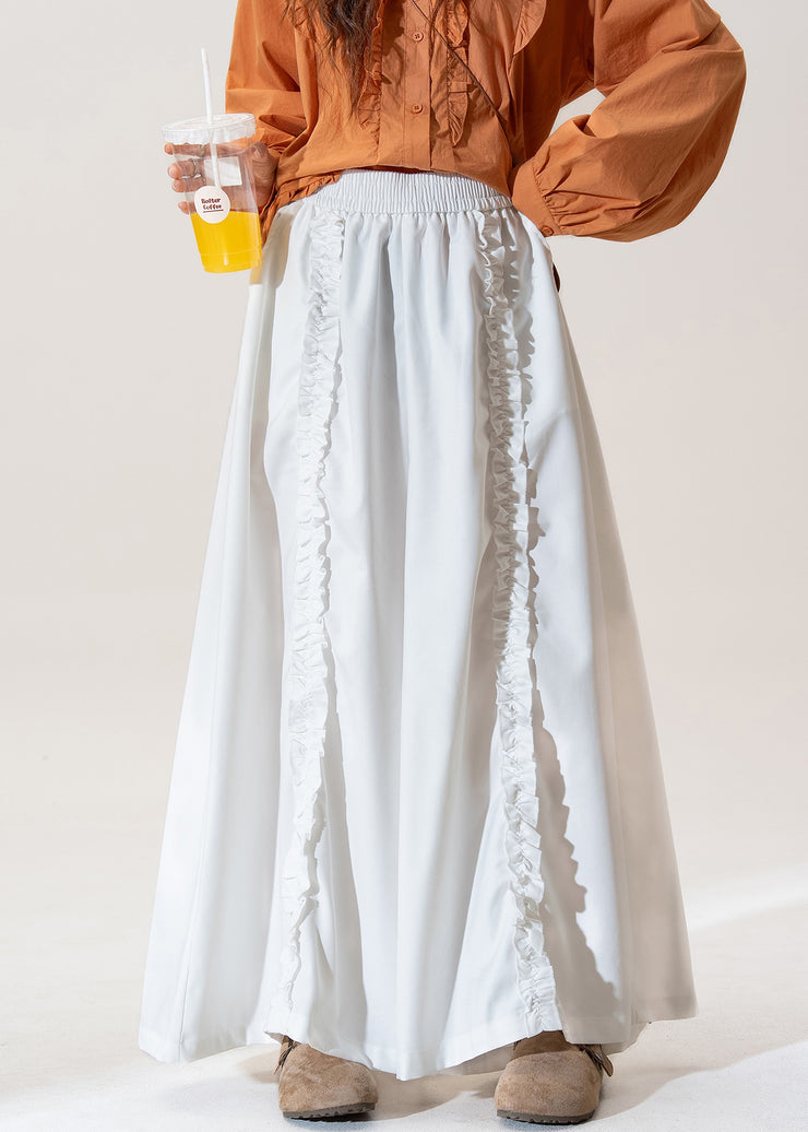 White Pockets High Waist Cotton Wide Leg Pants Ruffled