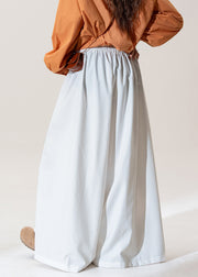 White Pockets High Waist Cotton Wide Leg Pants Ruffled