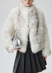 White Pockets Original Design Leather And Fur Coat Stand Collar