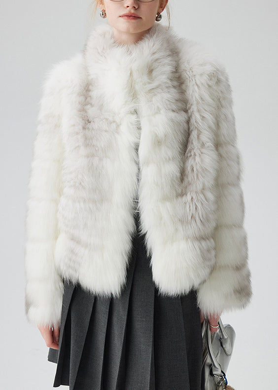 White Pockets Original Design Leather And Fur Coat Stand Collar