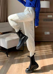 White Pockets Solid Fine Cotton Filled Crop Pants Elastic Waist