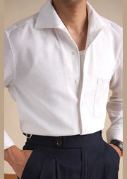 White Pockets Solid Linen Men Shirts Peter Pan Collar