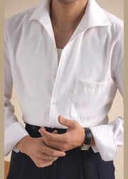 White Pockets Solid Linen Men Shirts Peter Pan Collar