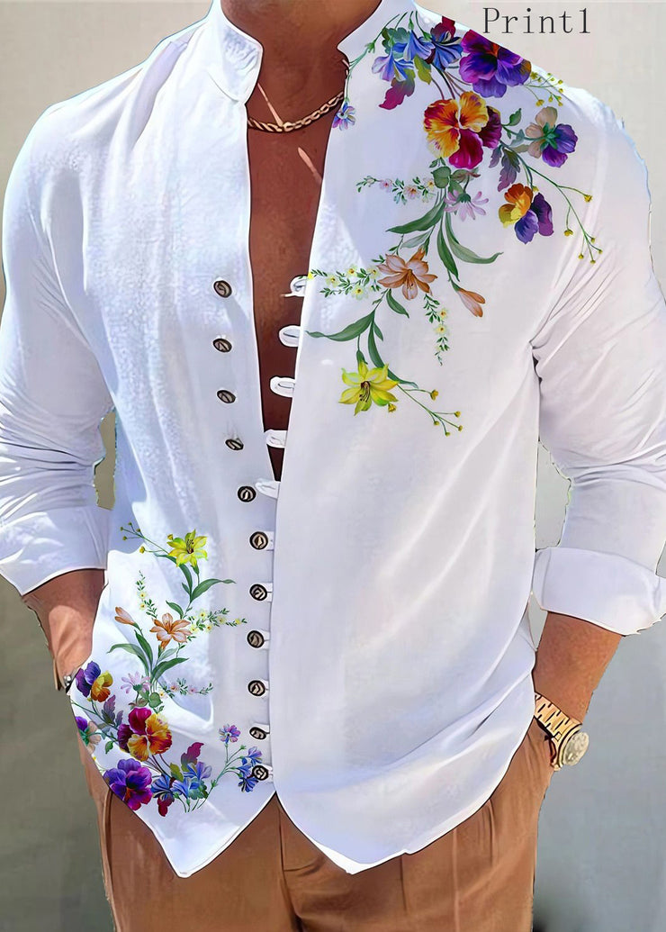 White Print Button Cotton Shirt Men Stand Collar Fall