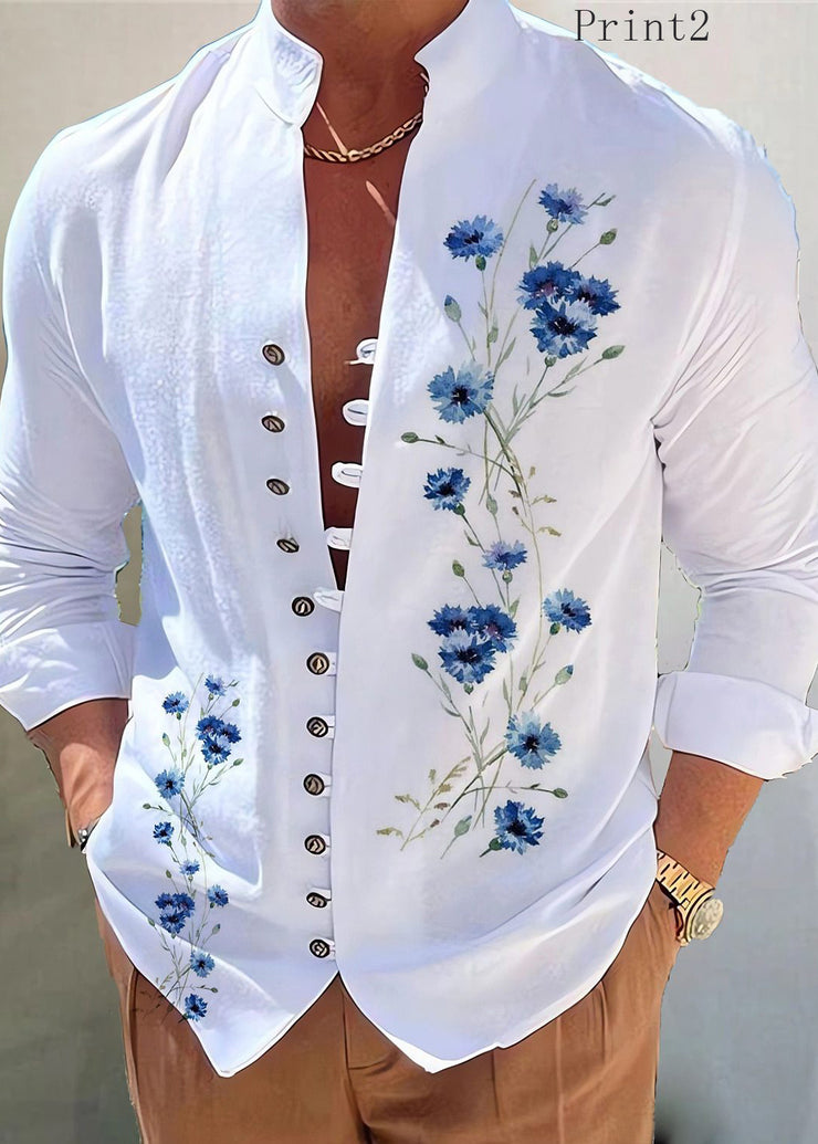 White Print Button Cotton Shirt Men Stand Collar Fall