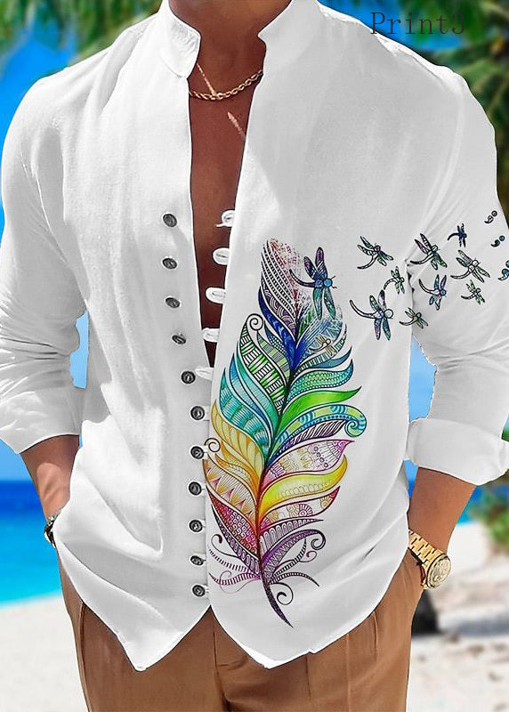 White Print Button Cotton Shirt Men Stand Collar Fall