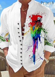 White Print Button Cotton Shirt Men Stand Collar Fall