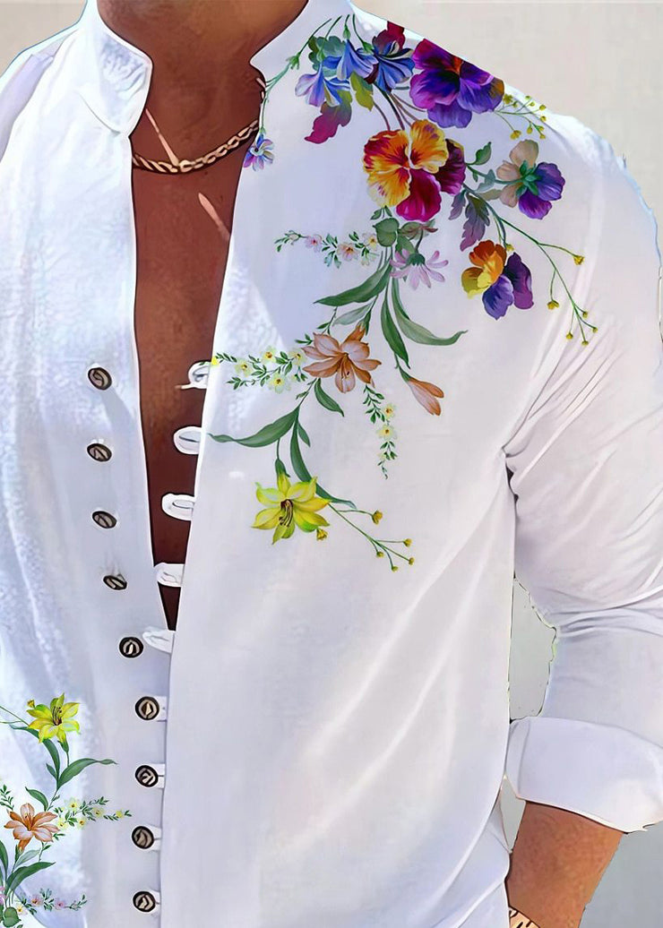 White Print Button Cotton Shirt Men Stand Collar Fall