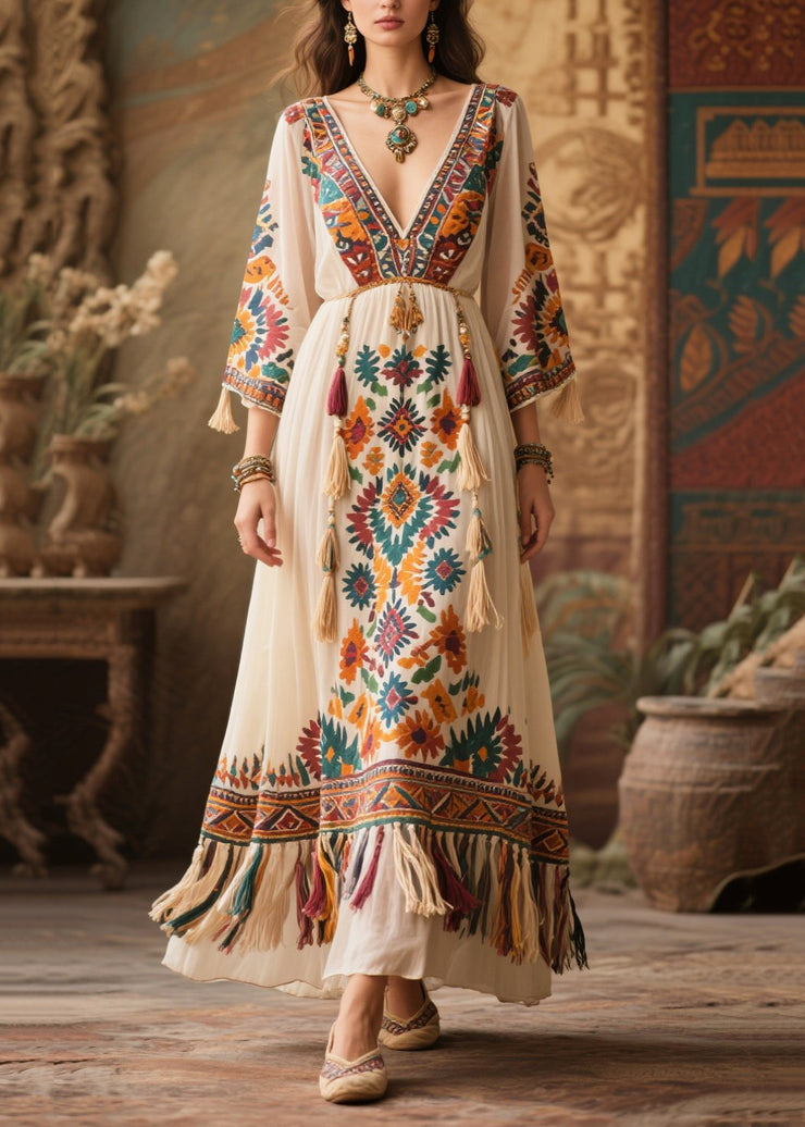 White Print Chiffon Maxi Dresses Tasseled Bracelet Sleeve