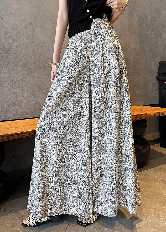 White Print Cotton Wide Leg Pants High Waist Fall